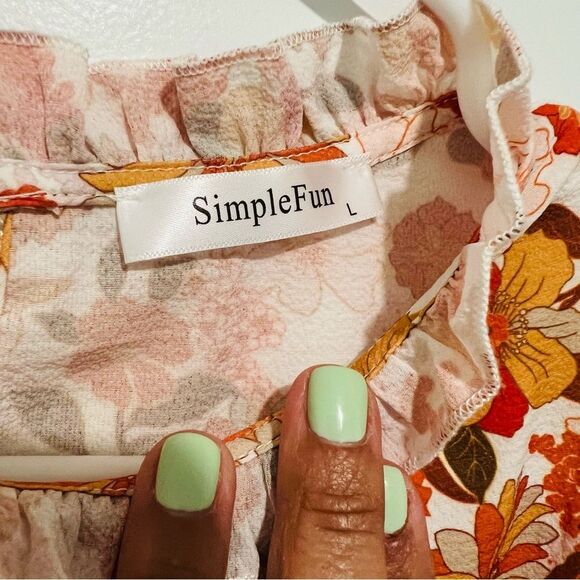 SimpleFun Women's Boho Top Floral Ruffle Short Sleeve Mock Neck Flowy Size Large - Picture 5 of 9